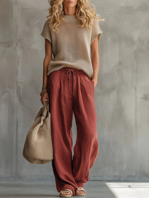 Casual Knitted Pullover Top And Linen-cotton Trousers Two-piece Set
