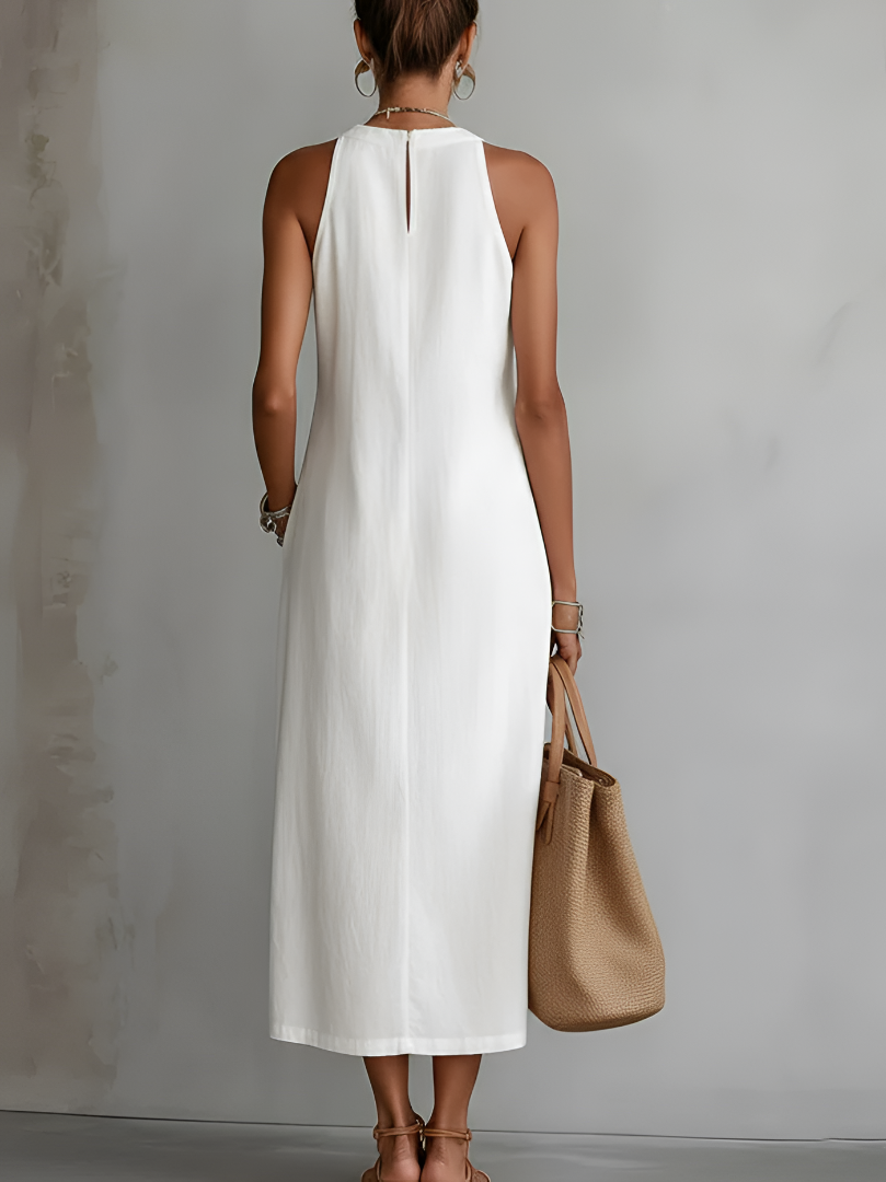 Jimena | Vestido midi relajado bordado con cuello mao