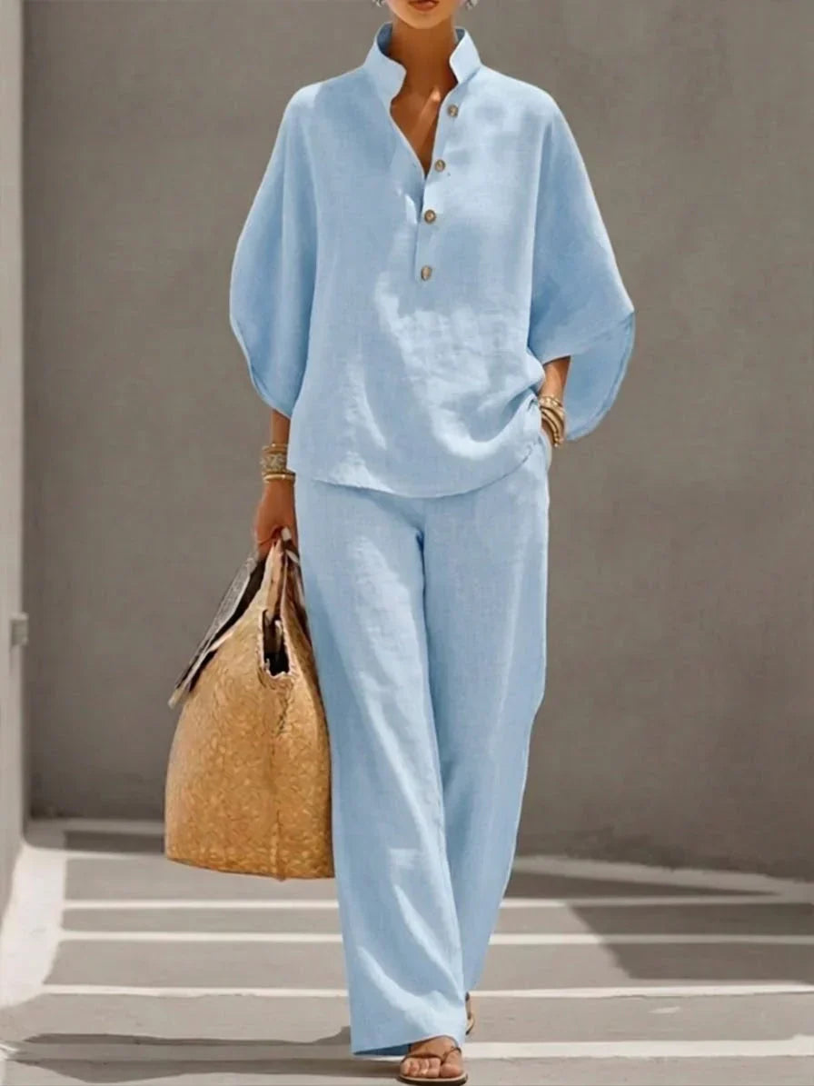 Maribel | Conjunto de lino con mangas murciélago y pantalones de pierna ancha