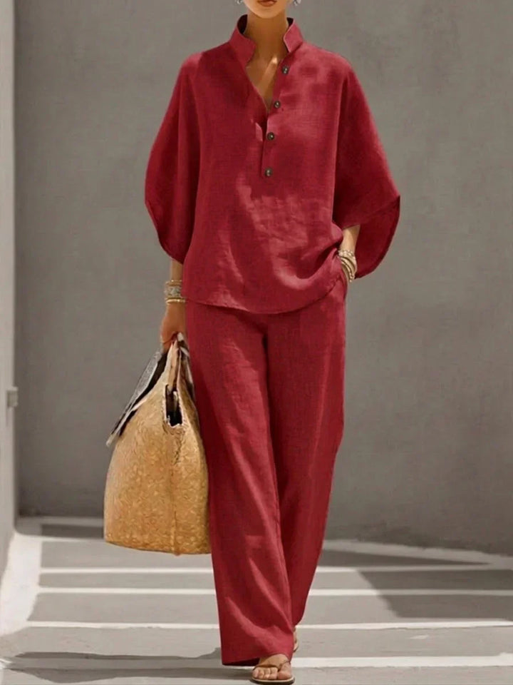 Maribel | Conjunto de lino con mangas murciélago y pantalones de pierna ancha