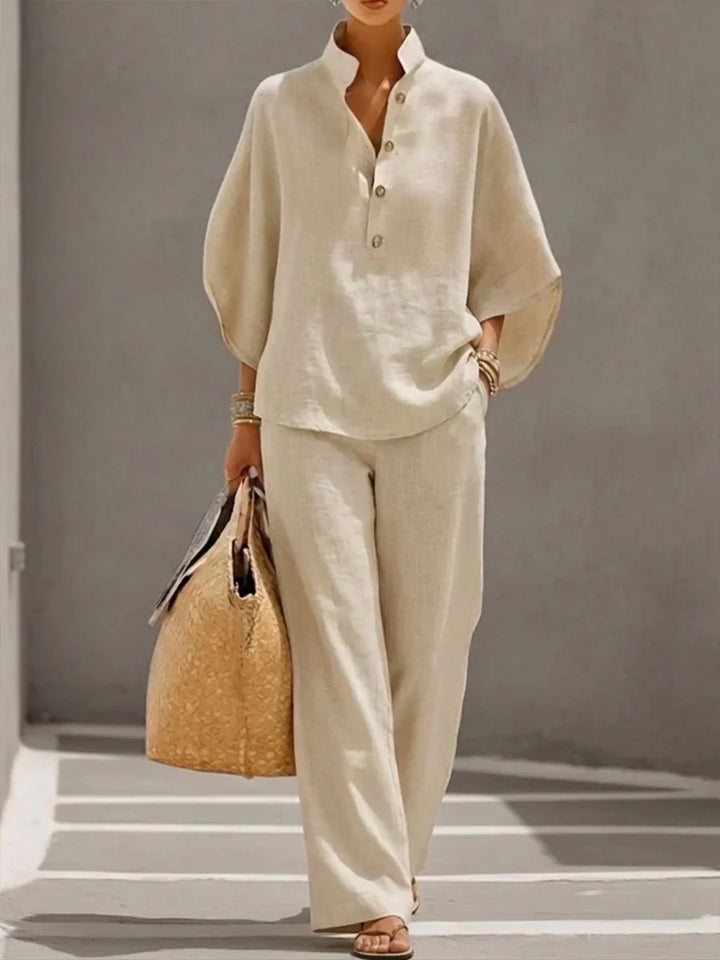 Maribel | Conjunto de lino con mangas murciélago y pantalones de pierna ancha