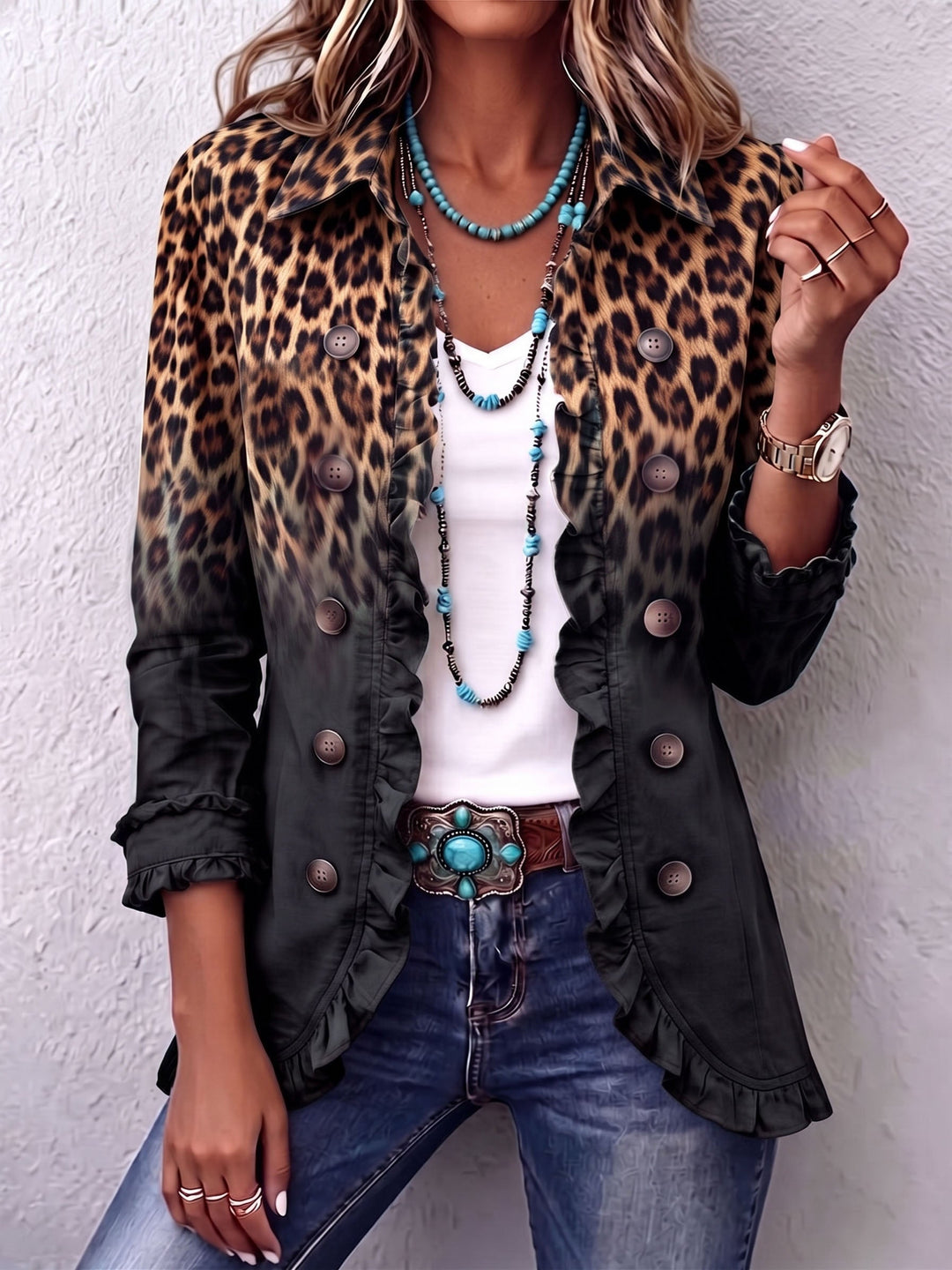 Heather – Black Leopard Print Frill Blazer