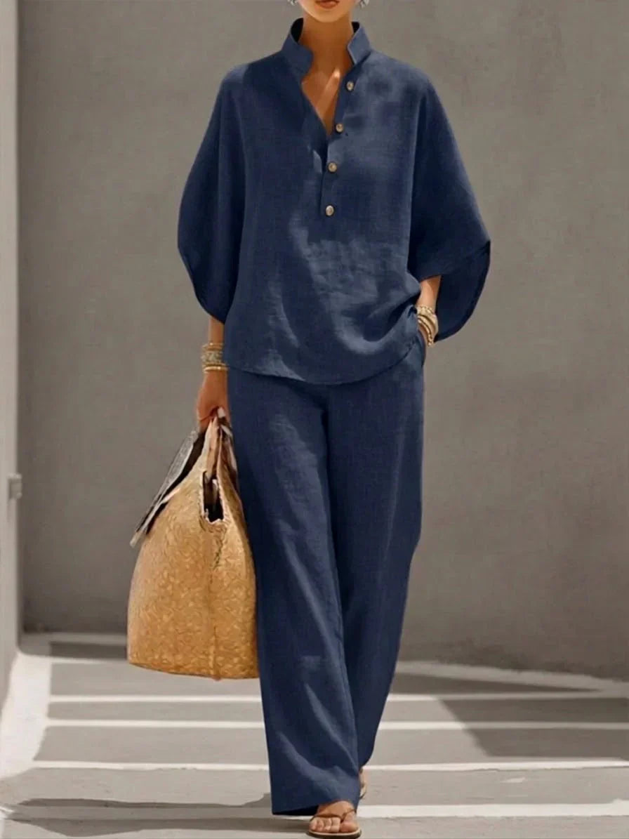 Maribel | Conjunto de lino con mangas murciélago y pantalones de pierna ancha