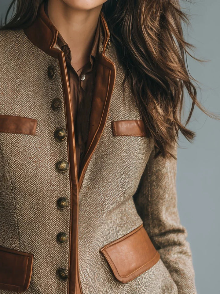 Women's vintage herringbone tweed leather-trim button-front jacket